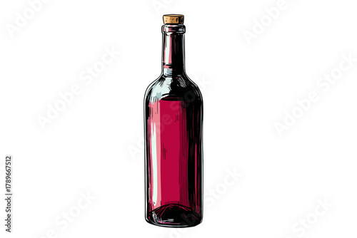 Hand-Drawn Sketch Illustration of a Full Bottle of Red Wine with Cork Stopper