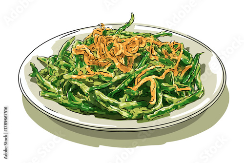 Hand-Drawn Illustration of Sautéed Green Beans Topped with Crispy Fried Onions on a White Plate