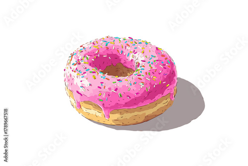 Hand-Drawn Illustration of a Classic Donut with Pink Icing and Colorful Sprinkles on White Background