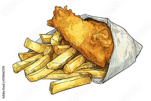 Hand-Drawn Sketch of Traditional British Fish and Chips Wrapped in Paper Cone