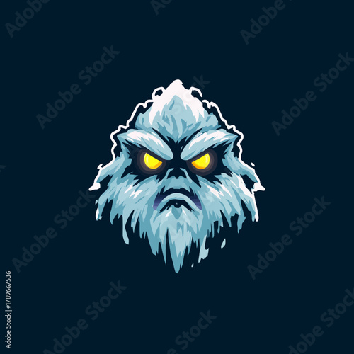 Intense Abominable Snowman Yeti Head Mascot Logo Vector with Glowing Yellow Eyes