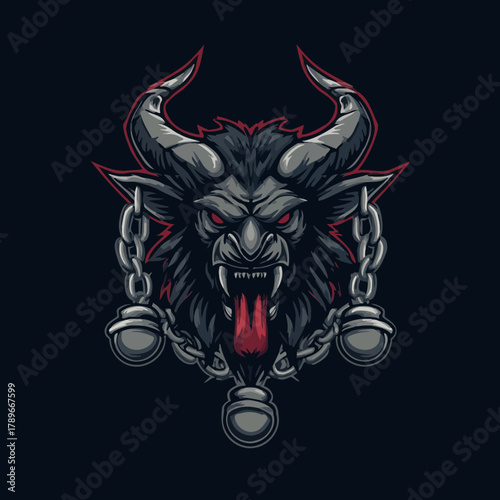 Furious Demonic Beast Head Vector Mascot Illustration with Red Eyes, Tongue, and Heavy Chains