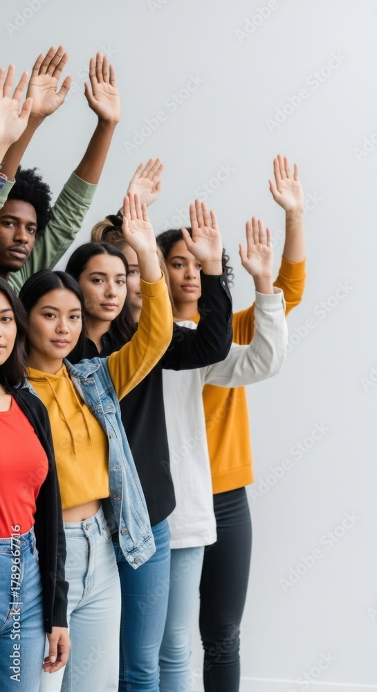 Fototapeta premium Diverse group of young adults raising hands together. Unity, teamwork and cooperation.