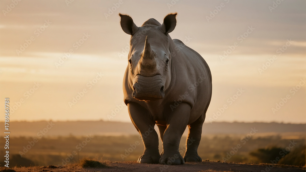 Obraz premium A bright aspirational shot of a white rhino standing on a hill overlooking a vast savanna at sunset with ample warm sky for copy space