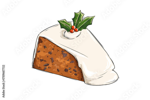 Hand-Drawn Illustration of Traditional Christmas Fruit Cake Slice with White Icing and Holly