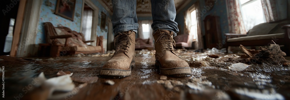 Obraz premium A person stands in a flooded, debris-filled room. Strong boots are necessary for indoor cleanup and disaster recovery tasks related to water damage assessment. Required home repairs