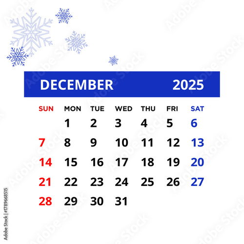 Business monthly Calendar December 2025 with snowflakes, the week starts on Sunday.	