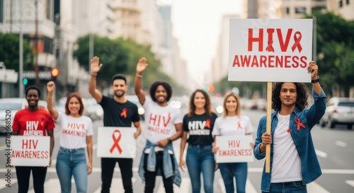 Group of people holding signs and wearing ribbons for hiv awareness on the street.