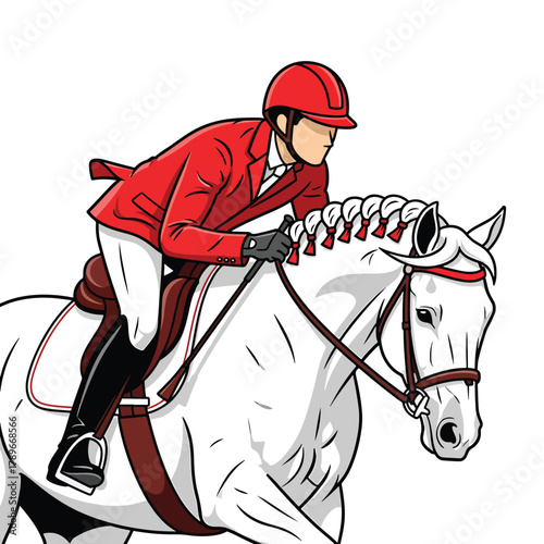 Equestrian rider in red jacket on white horse jumping
