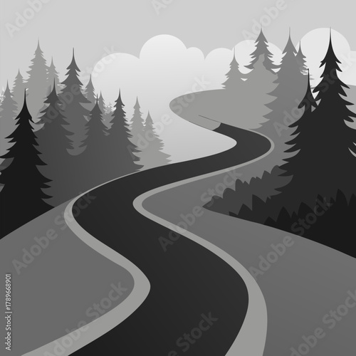 A winding asphalt road curves through a dense forest shrouded in atmospheric fog on a muted gray day vector landscape background.