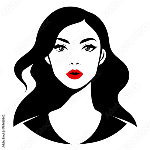 Close up portrait of a woman with red lips and eyes looking up vector on white background.