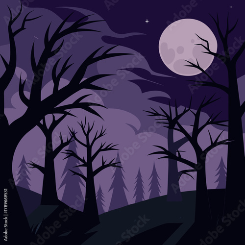 Dark spooky forest landscape with black tree against a moonlit night sky perfect for a Halloween vector landscape background.