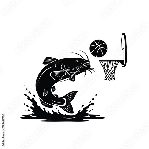 Catfish playing basketball jumping out of water vector design silhouette exactly 100 letters