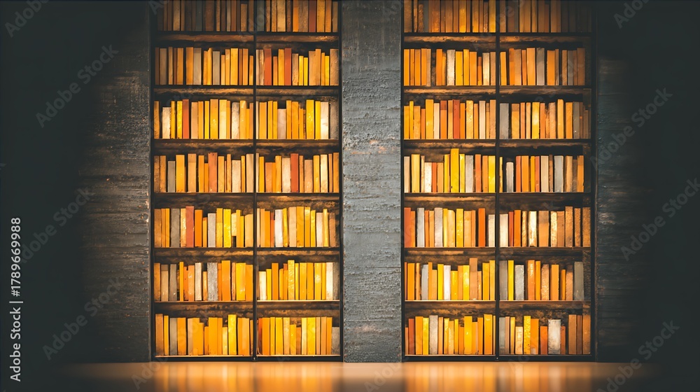 Fototapeta premium Two Towering Bookshelves Filled with Books in Warm Light
