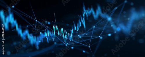 Abstract blue chart with lines and dots on dark background depicting financial data analysis, concept for stock market forecasting, business intelligence and technological innovation