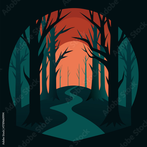 A mysterious forest with bare trees inviting an adventure landscape vector on black background.