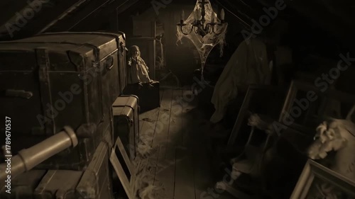A dusty attic filled with old trunks and hidden objects