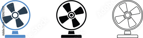 Electric stand fan icon set, colorful, black silhouette, and outline fan vector illustration for cooling and appliance design.