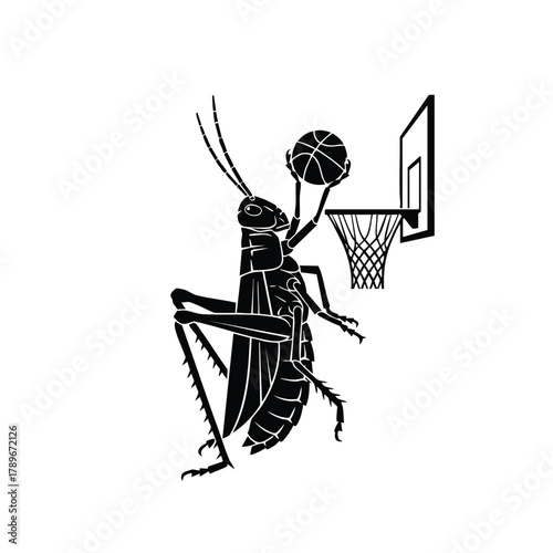 Grasshopper Playing Basketball Vector Silhouette Sport Action with Hoop about to Score Point Exactly 100 Char