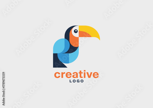 This vibrant and playful logo design features a stylized toucan, employing bright colors and geometric shapes to convey creativity, innovation, and a fun brand identity.