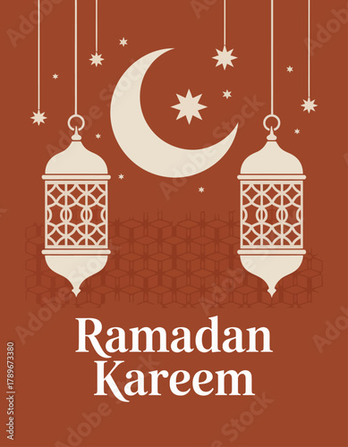 This image features traditional Ramadan decor elements such as lanterns, a crescent moon, and stars, symbolizing the festive spirit of Ramadan celebrations.