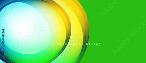 Bright abstract layers create dynamic visual effect. Green background complements vibrant circular shapes, modern design.