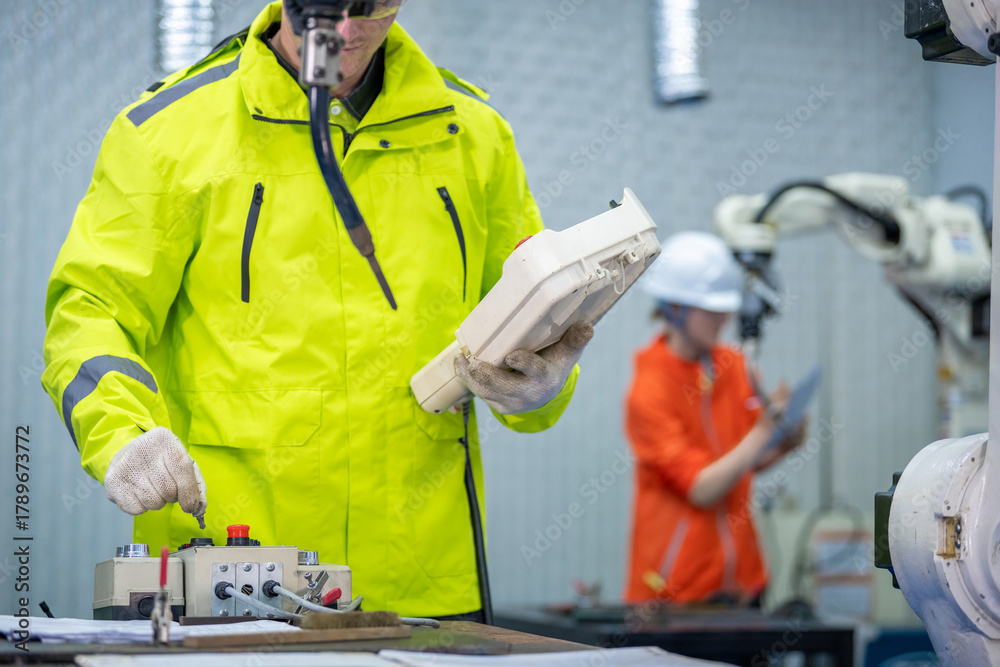 Fototapeta premium Male Engineer Operating a Robot Arm with a Handheld Controller Automation Engineer Using Teach Pendant for Precision Control Engineer in Safety Gear Checking Robot System Operation.