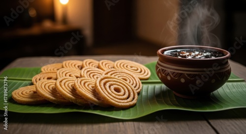 Fototapeta Naklejka Na Ścianę i Meble -  Crispy south indian chakli and hot spicy traditional chutney served on a vibrant green banana leaf, a classic festive snack, indian meal illustration