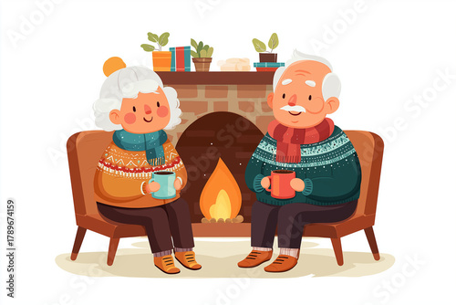 Cute cartoon elderly couple sitting together by fireplace with mugs of hot cocoa, cozy winter scene
