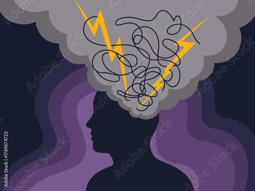 This image illustrates a human silhouette surrounded by chaotic thoughts depicted as tangled lines and exciting lightning bolts, representing mental turmoil and personal struggles.