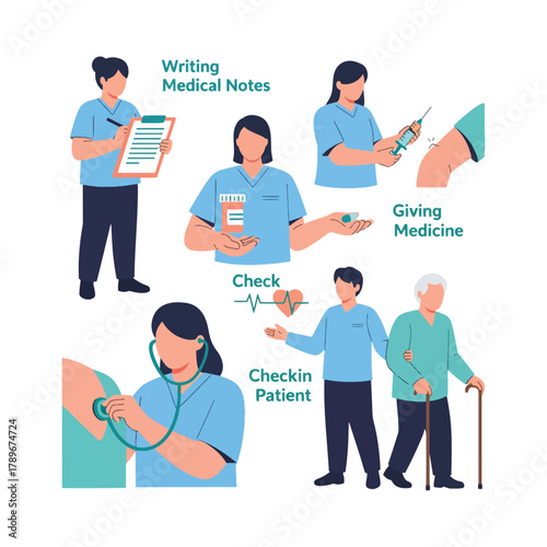 Skilled Nurse & Medical Staff Team Coloured Icons for Clinic, Diverse Health Care, Patient Checkin, Disabled Healing, Mobility & Medicine Signs