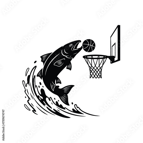 Salmon Fish is Playing Basketball Black Vector Silhouette Design for Sport Logo