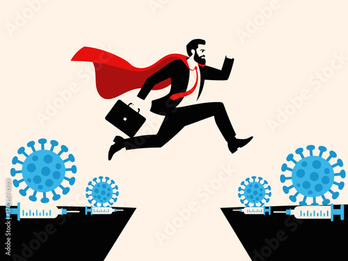 This dynamic illustration shows a businessman in a suit jumping over obstacles represented by virus icons, symbolizing resilience and determination during challenging times.