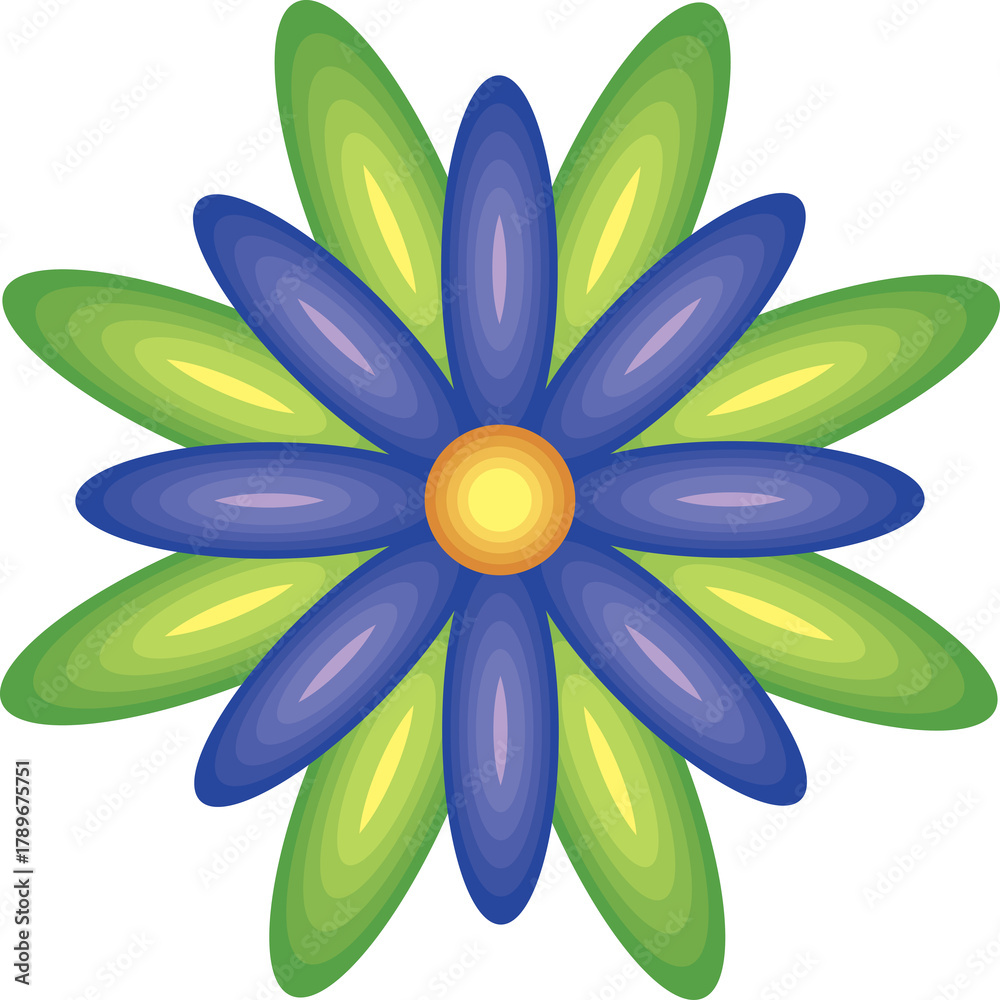 Naklejka premium Abstract stylized flower with blue petals and green leaves against a white background with yellow center detail