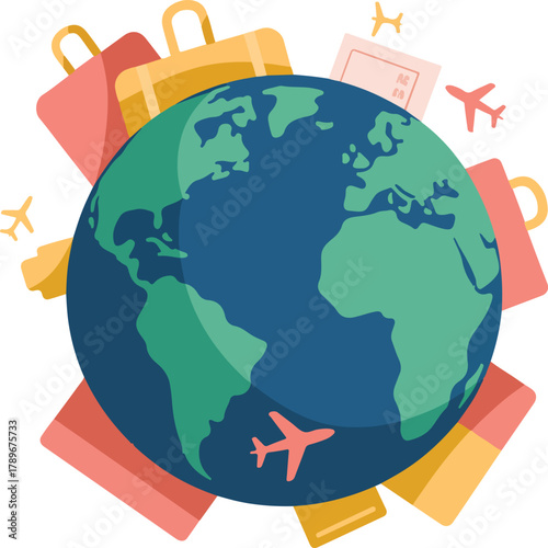 Global travel vector illustration featuring a blue earth surrounded by suitcases passports and flying airplanes