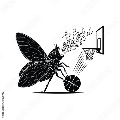 Singing Cicada is Playing Basketball and Trying to Score Illustration Vector Style