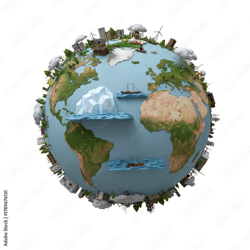 Fototapeta premium Creative 3D Illustration of Earth with Land and Water Features