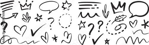 Assorted Hand Drawn Doodle Elements Decorative Marks on Checkerboard Surface