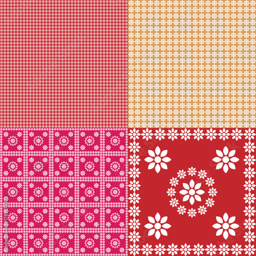 Floral square, vintage ethnic repetitive border, pink orange geometric seamless pattern vector illustration, decorative motif fabric retro background.