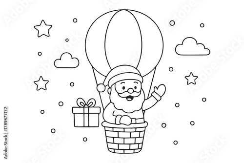 Cute Christmas coloring page of Santa riding a hot air balloon carrying a gift box. Fun and simple black and white outline, perfect for kids’ holiday coloring books