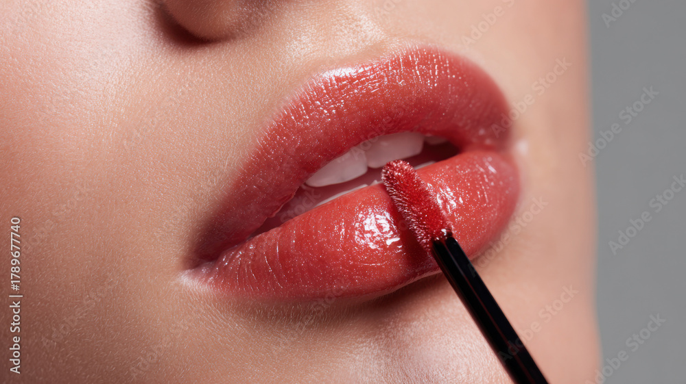 Naklejka premium Applying lip gloss with a close-up focus on the luscious lips and cosmetic applicator