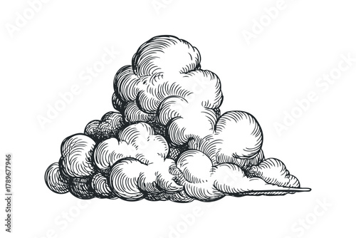 Black and white sketch of cumulus clouds