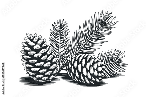 Pine Cones and Evergreen Branch Sketch