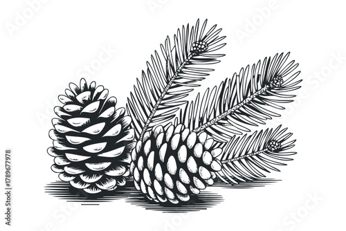 Two pine cones and evergreen branches