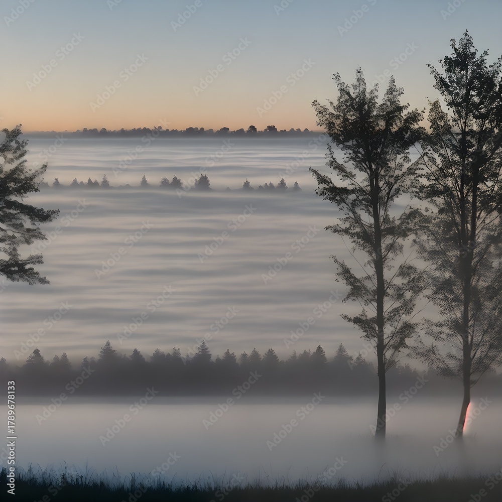 Fototapeta premium Fog settles over trees at dawn in a serene landscape Generative AI