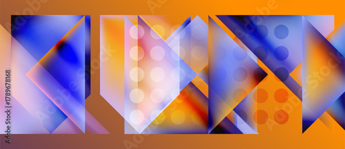 Abstract geometric composition. Vivid colors, triangles, circles create dynamic visual rhythm. Modern design, bright palette.