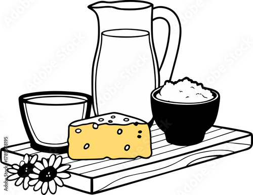 A still life image presents a collection of dairy products on a wooden board against a solid black background. In the center, a clear glass pitcher filled with milk dominates the scene, alongside a fu