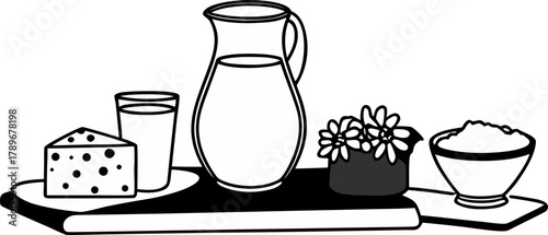 A still life image presents a collection of dairy products on a wooden board against a solid black background. In the center, a clear glass pitcher filled with milk dominates the scene, alongside a fu