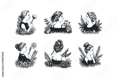 Six vintage line art portraits of women surrounded by botanical elements