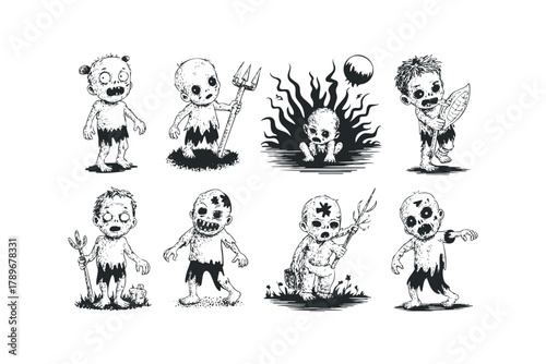 Eight cartoon monsters in various poses and holding objects